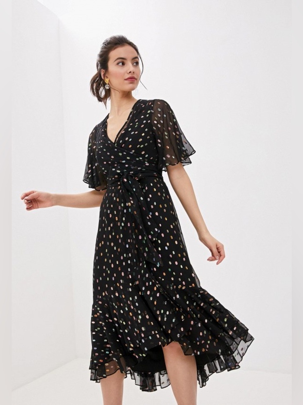DVF Berdina Metallic Flounce Wrap Dress High Low Multicolor Dot Size 6 - Picture 3 of 16